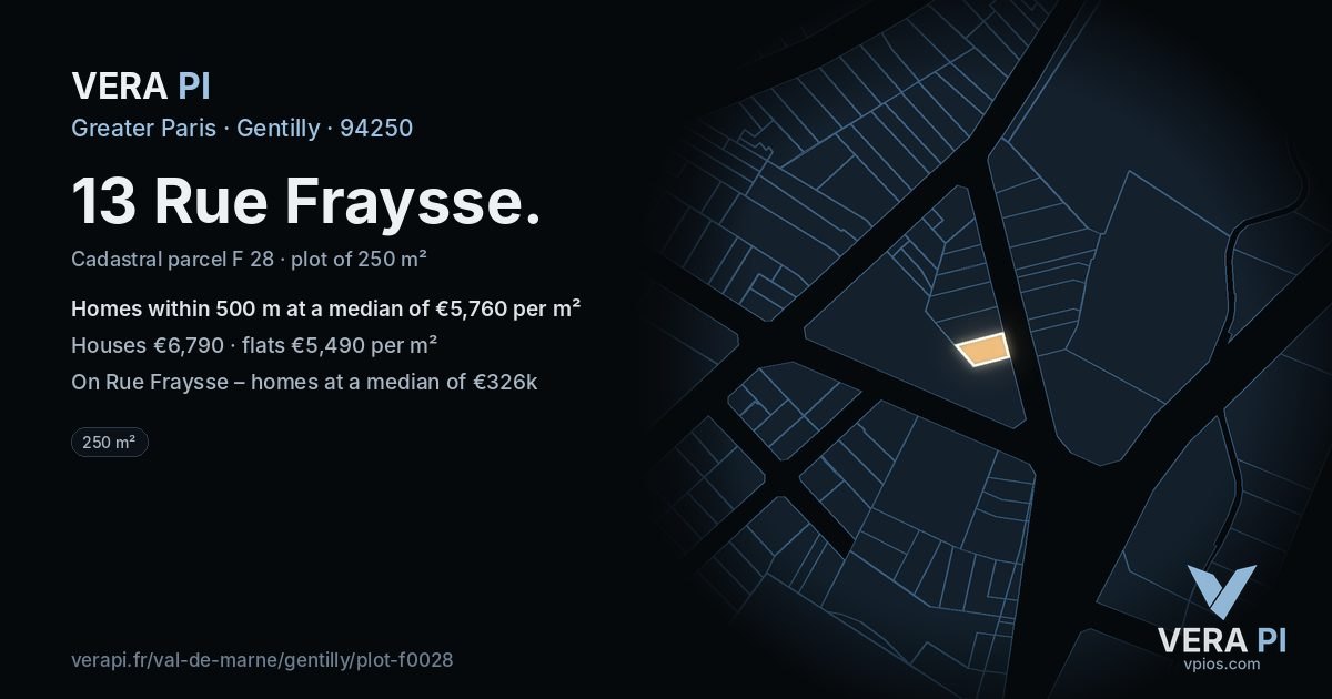 13 Rue Fraysse, Gentilly at night – the plot lit, the parcels around coloured by the prices near them