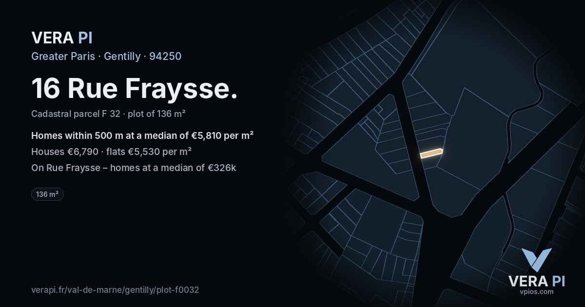 16 Rue Fraysse, Gentilly at night – the plot lit, the parcels around coloured by the prices near them