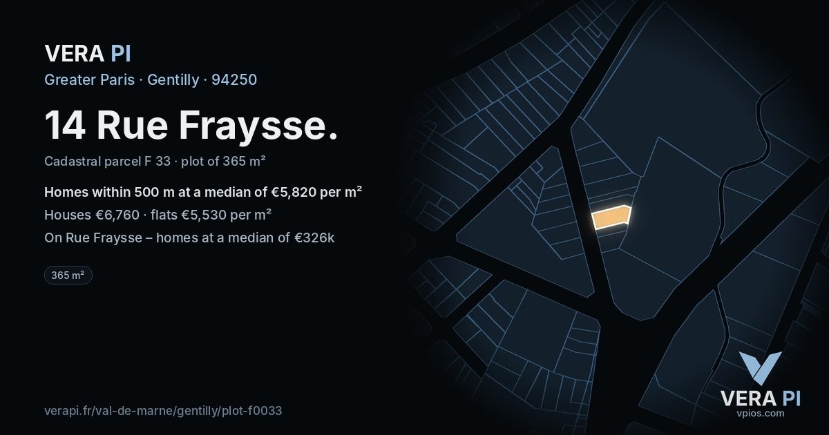 14 Rue Fraysse, Gentilly at night – the plot lit, the parcels around coloured by the prices near them