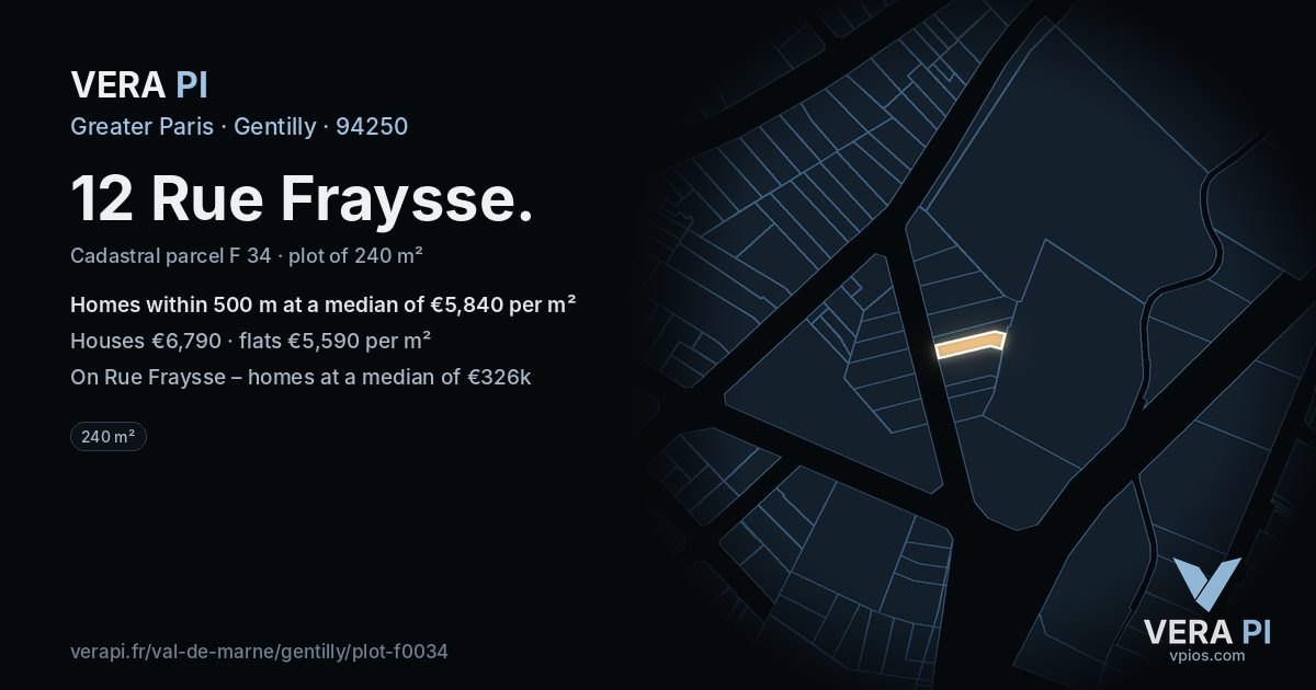 12 Rue Fraysse, Gentilly at night – the plot lit, the parcels around coloured by the prices near them