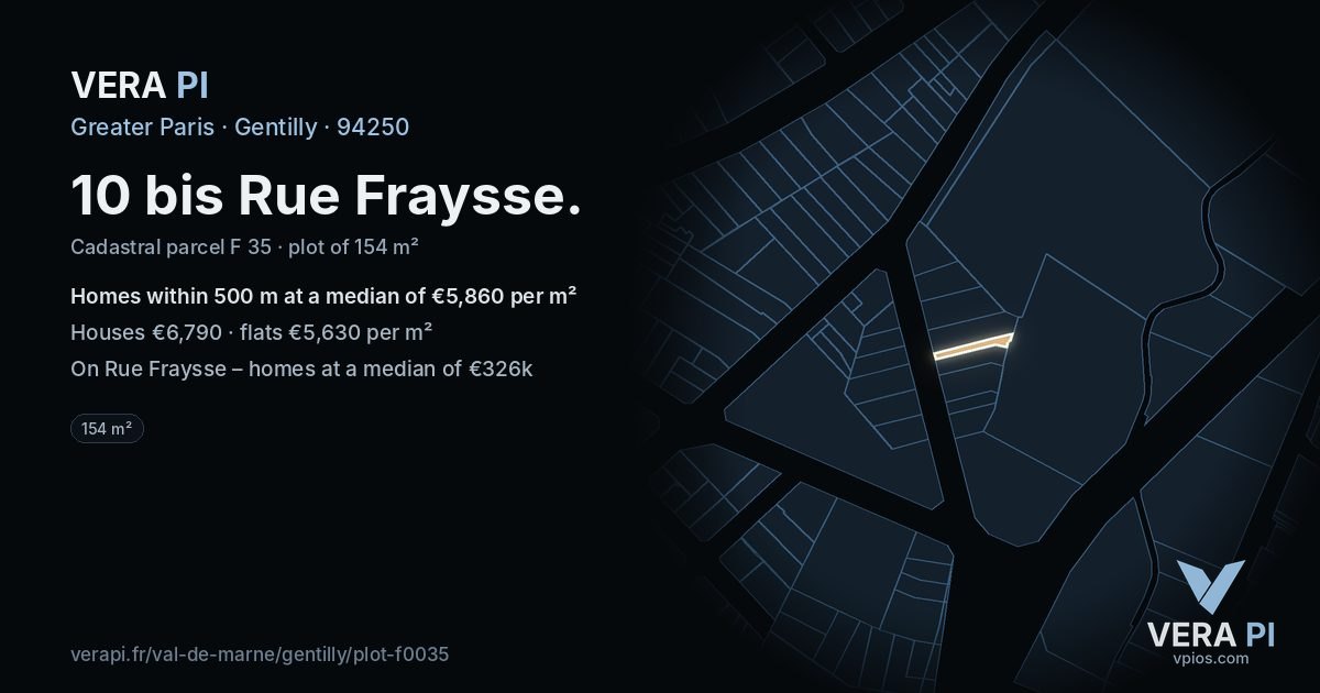 10 bis Rue Fraysse, Gentilly at night – the plot lit, the parcels around coloured by the prices near them