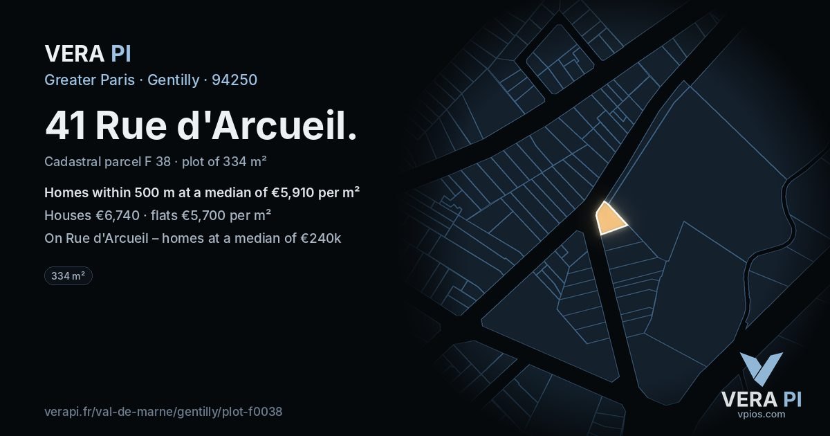 41 Rue d'Arcueil, Gentilly at night – the plot lit, the parcels around coloured by the prices near them