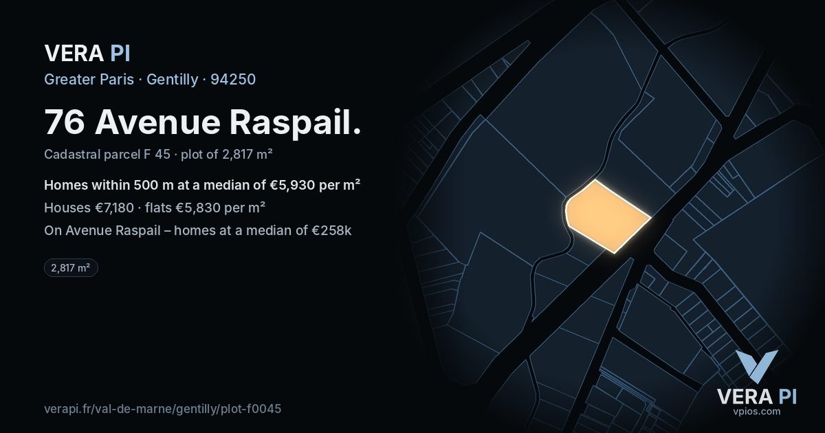 76 Avenue Raspail, Gentilly at night – the plot lit, the parcels around coloured by the prices near them