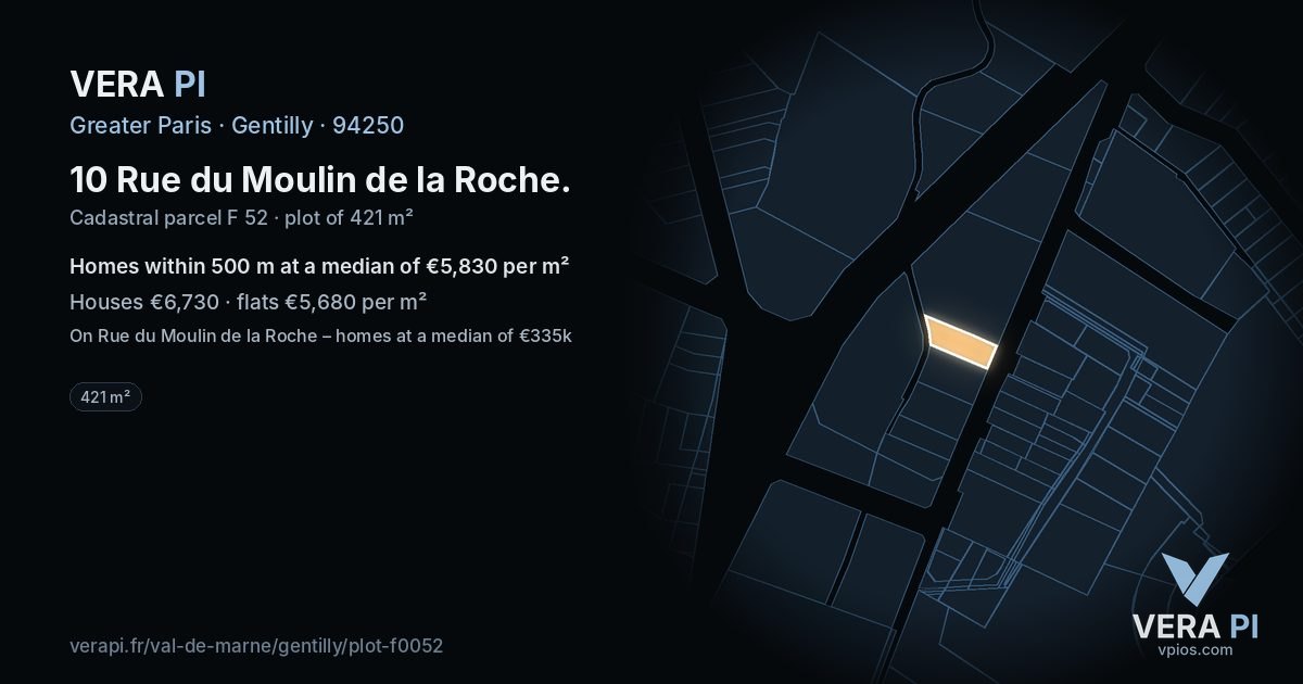 10 Rue du Moulin de la Roche, Gentilly at night – the plot lit, the parcels around coloured by the prices near them
