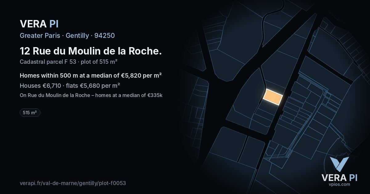 12 Rue du Moulin de la Roche, Gentilly at night – the plot lit, the parcels around coloured by the prices near them
