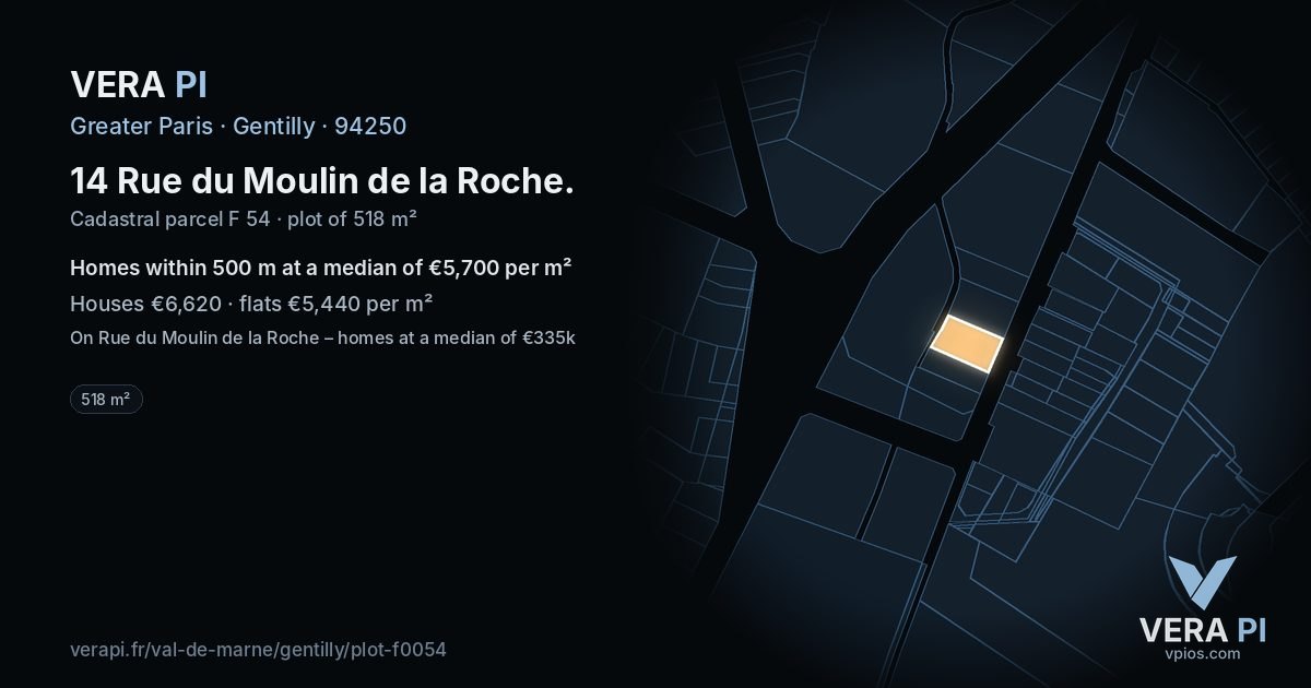 14 Rue du Moulin de la Roche, Gentilly at night – the plot lit, the parcels around coloured by the prices near them