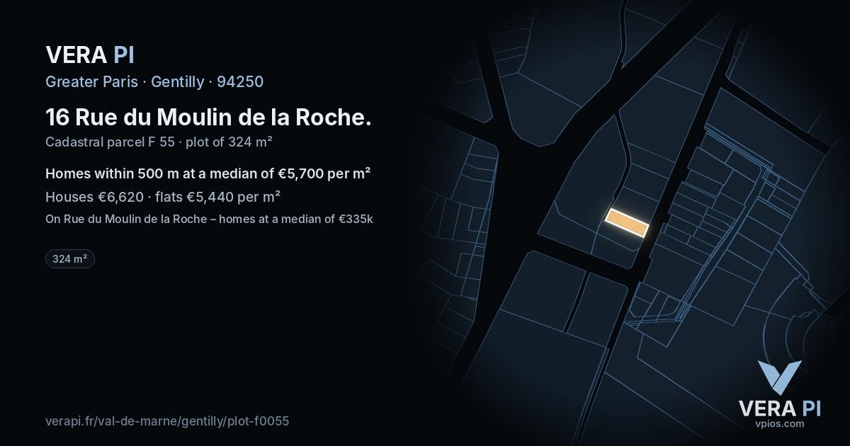16 Rue du Moulin de la Roche, Gentilly at night – the plot lit, the parcels around coloured by the prices near them