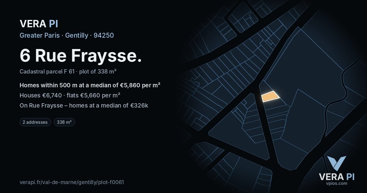 6 Rue Fraysse, Gentilly at night – the plot lit, the parcels around coloured by the prices near them