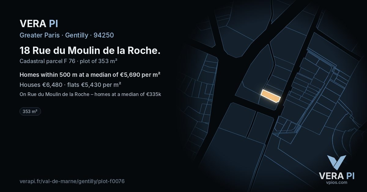 18 Rue du Moulin de la Roche, Gentilly at night – the plot lit, the parcels around coloured by the prices near them