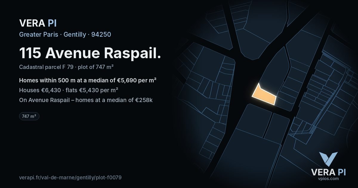 115 Avenue Raspail, Gentilly at night – the plot lit, the parcels around coloured by the prices near them