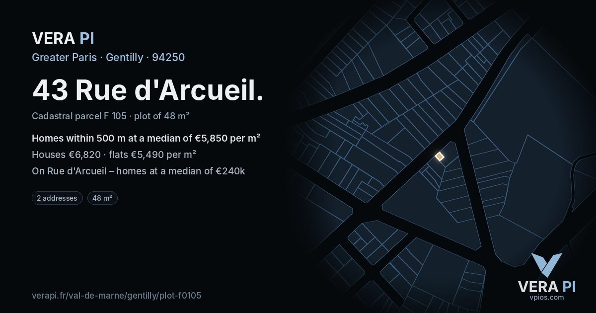 43 Rue d'Arcueil, Gentilly at night – the plot lit, the parcels around coloured by the prices near them