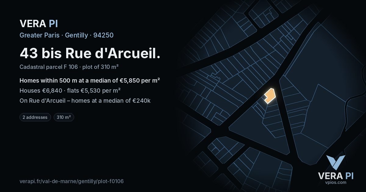 43 bis Rue d'Arcueil, Gentilly at night – the plot lit, the parcels around coloured by the prices near them