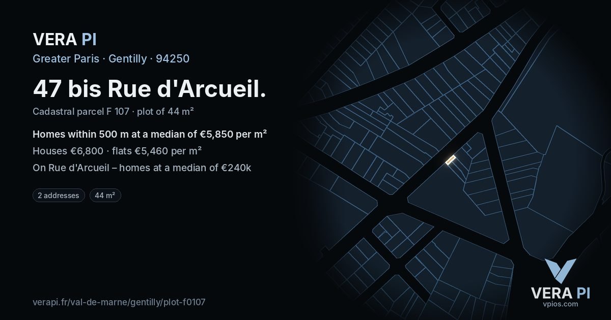 47 bis Rue d'Arcueil, Gentilly at night – the plot lit, the parcels around coloured by the prices near them