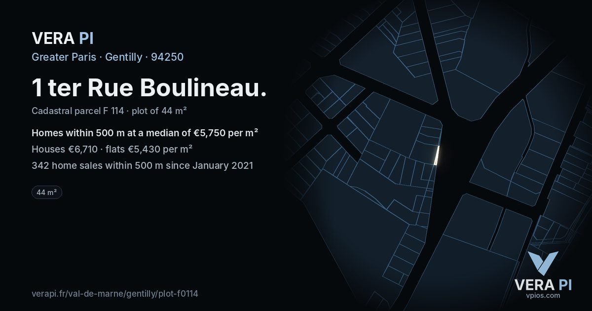1 ter Rue Boulineau, Gentilly at night – the plot lit, the parcels around coloured by the prices near them