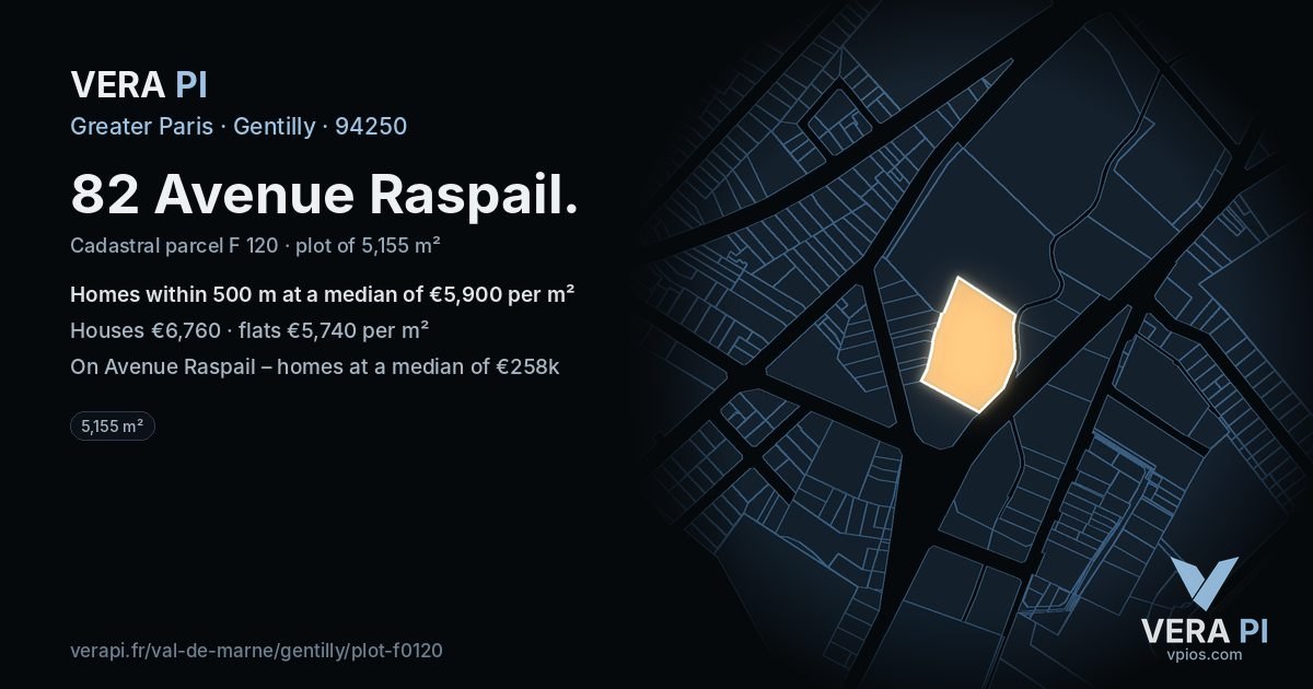 82 Avenue Raspail, Gentilly at night – the plot lit, the parcels around coloured by the prices near them