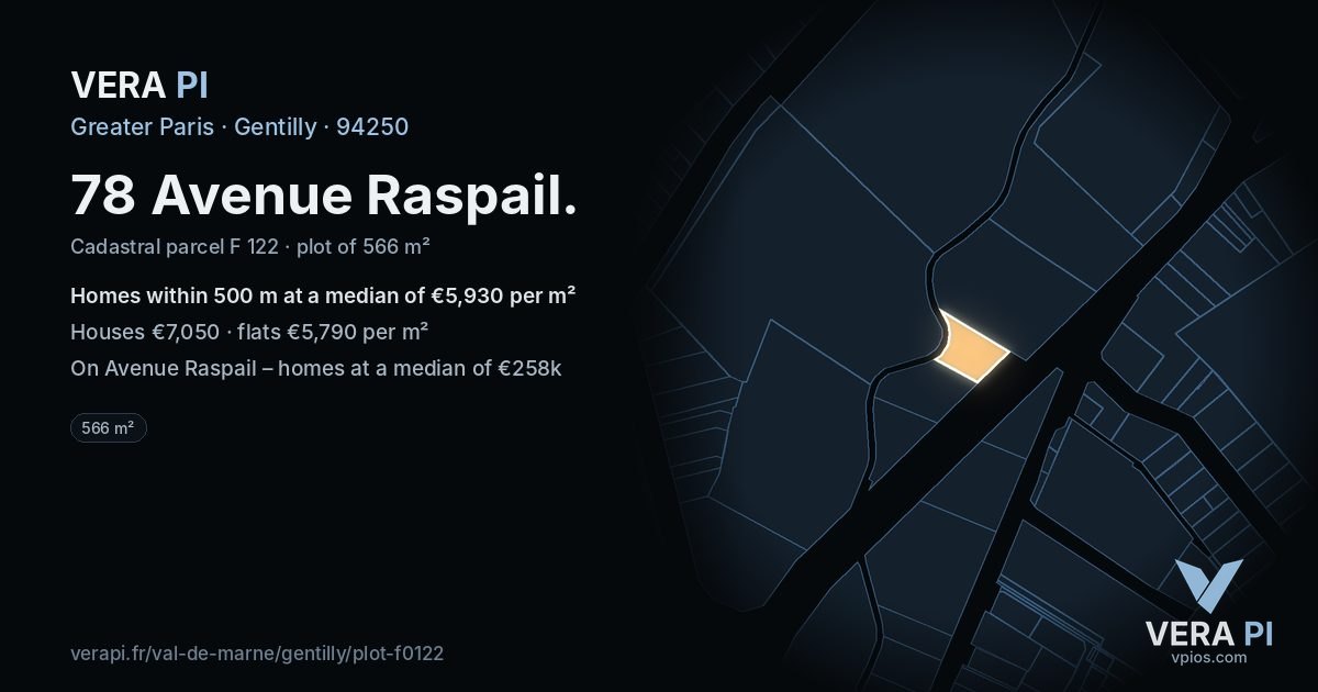 78 Avenue Raspail, Gentilly at night – the plot lit, the parcels around coloured by the prices near them