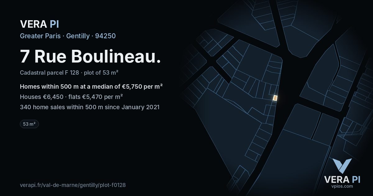 7 Rue Boulineau, Gentilly at night – the plot lit, the parcels around coloured by the prices near them