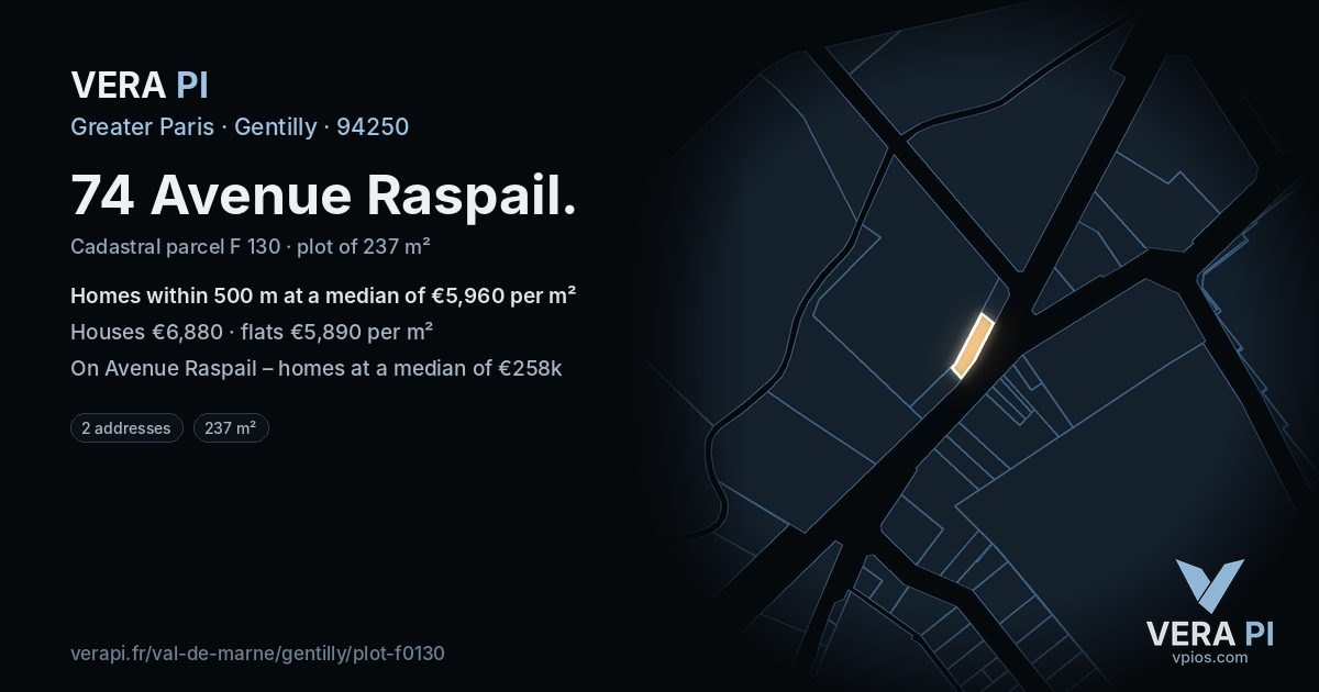 74 Avenue Raspail, Gentilly at night – the plot lit, the parcels around coloured by the prices near them