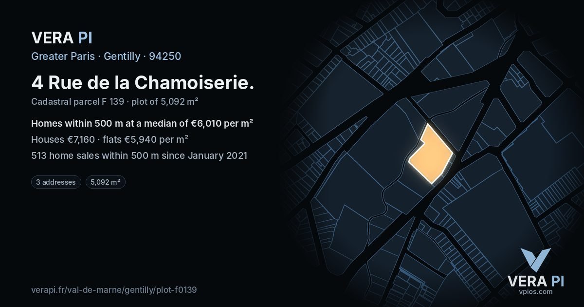 4 Rue de la Chamoiserie, Gentilly at night – the plot lit, the parcels around coloured by the prices near them