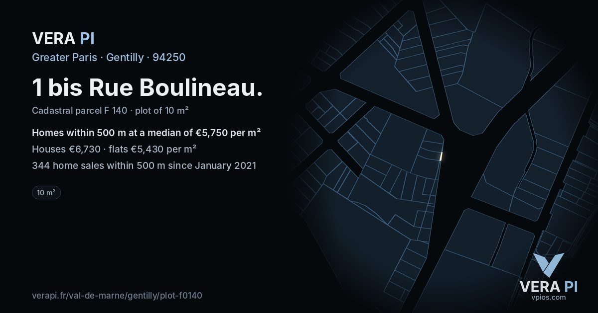 1 bis Rue Boulineau, Gentilly at night – the plot lit, the parcels around coloured by the prices near them