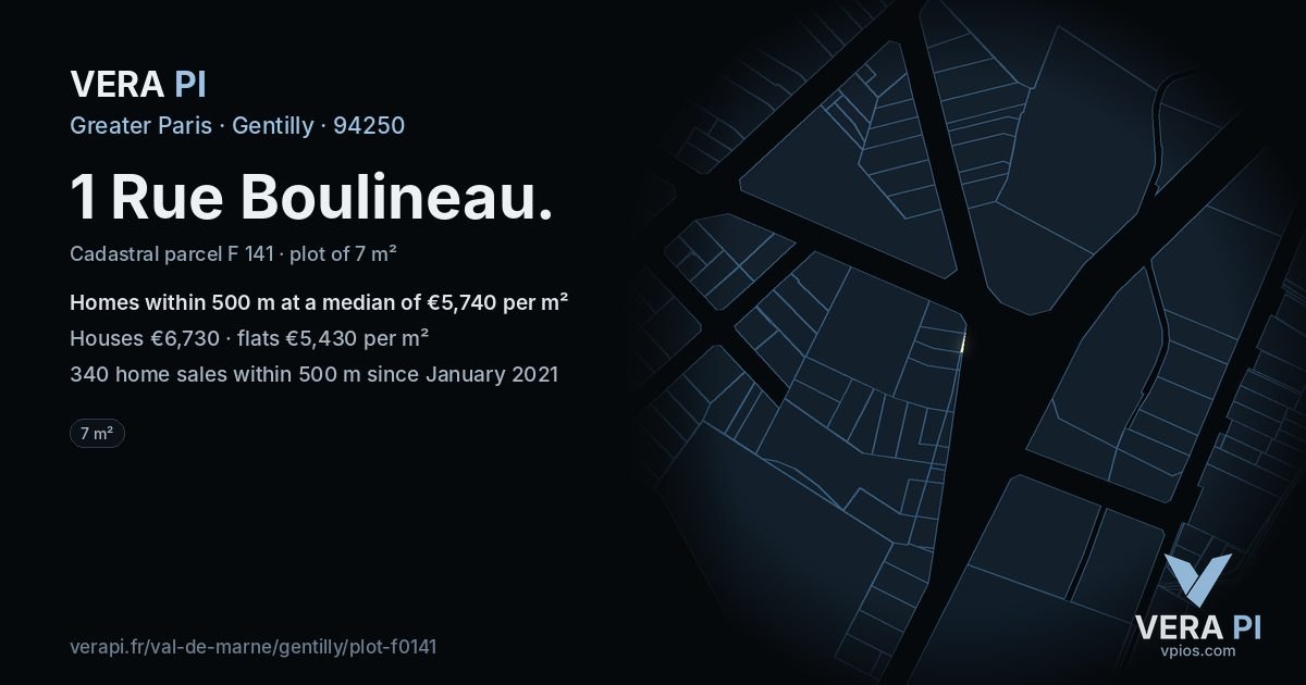 1 Rue Boulineau, Gentilly at night – the plot lit, the parcels around coloured by the prices near them