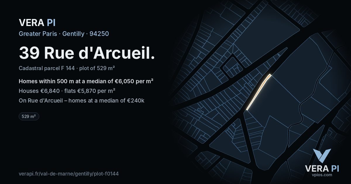 39 Rue d'Arcueil, Gentilly at night – the plot lit, the parcels around coloured by the prices near them