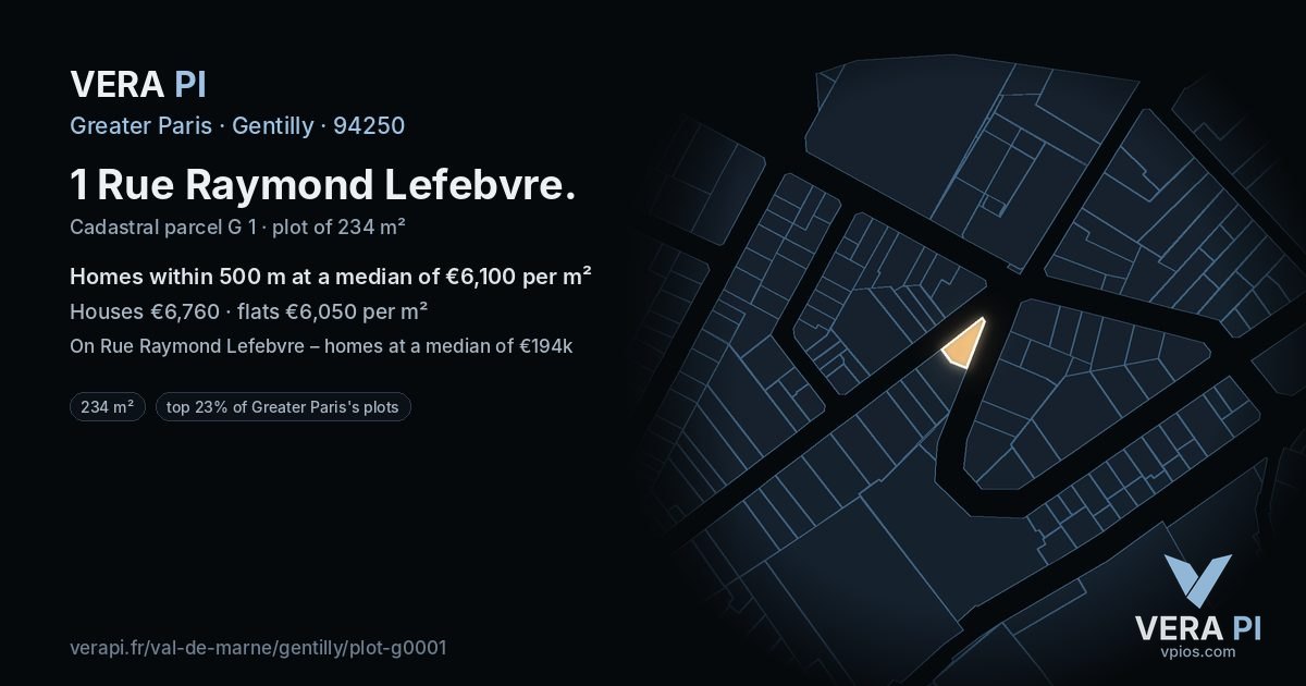 1 Rue Raymond Lefebvre, Gentilly at night – the plot lit, the parcels around coloured by the prices near them