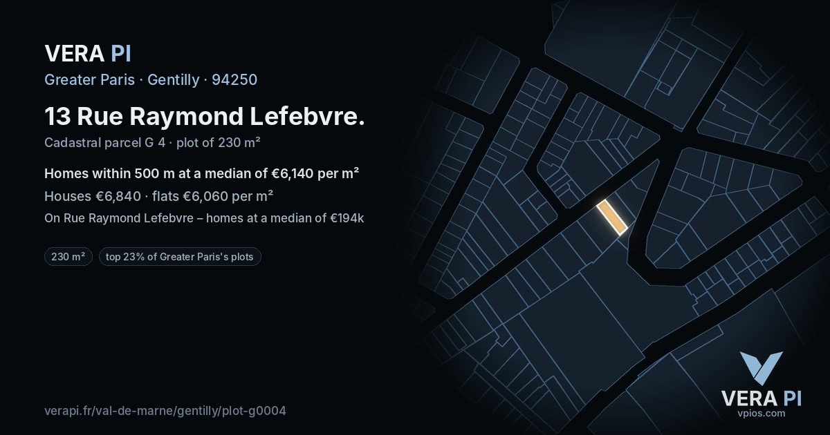 13 Rue Raymond Lefebvre, Gentilly at night – the plot lit, the parcels around coloured by the prices near them