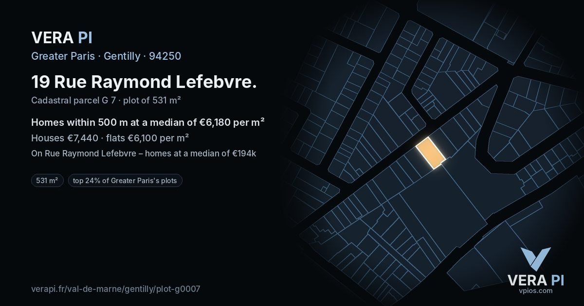 19 Rue Raymond Lefebvre, Gentilly at night – the plot lit, the parcels around coloured by the prices near them