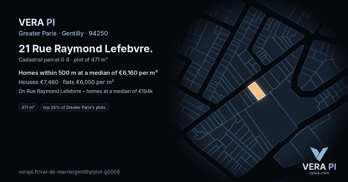 21 Rue Raymond Lefebvre, Gentilly at night – the plot lit, the parcels around coloured by the prices near them