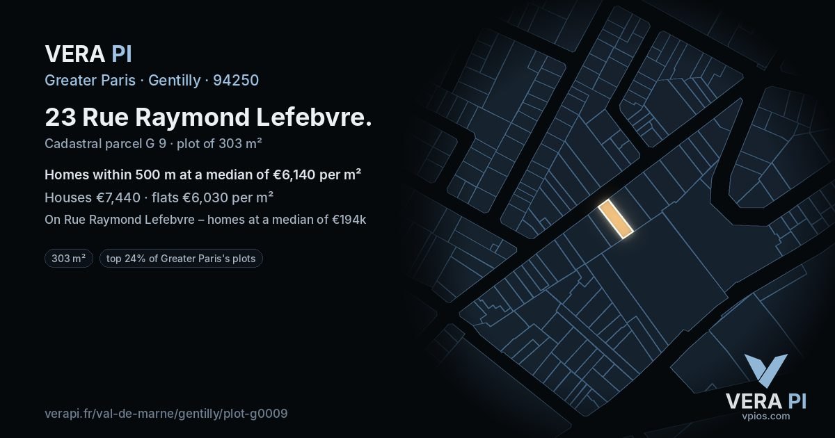 23 Rue Raymond Lefebvre, Gentilly at night – the plot lit, the parcels around coloured by the prices near them