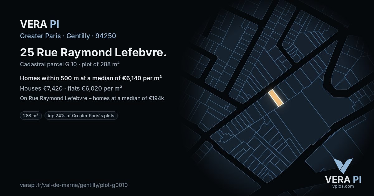 25 Rue Raymond Lefebvre, Gentilly at night – the plot lit, the parcels around coloured by the prices near them