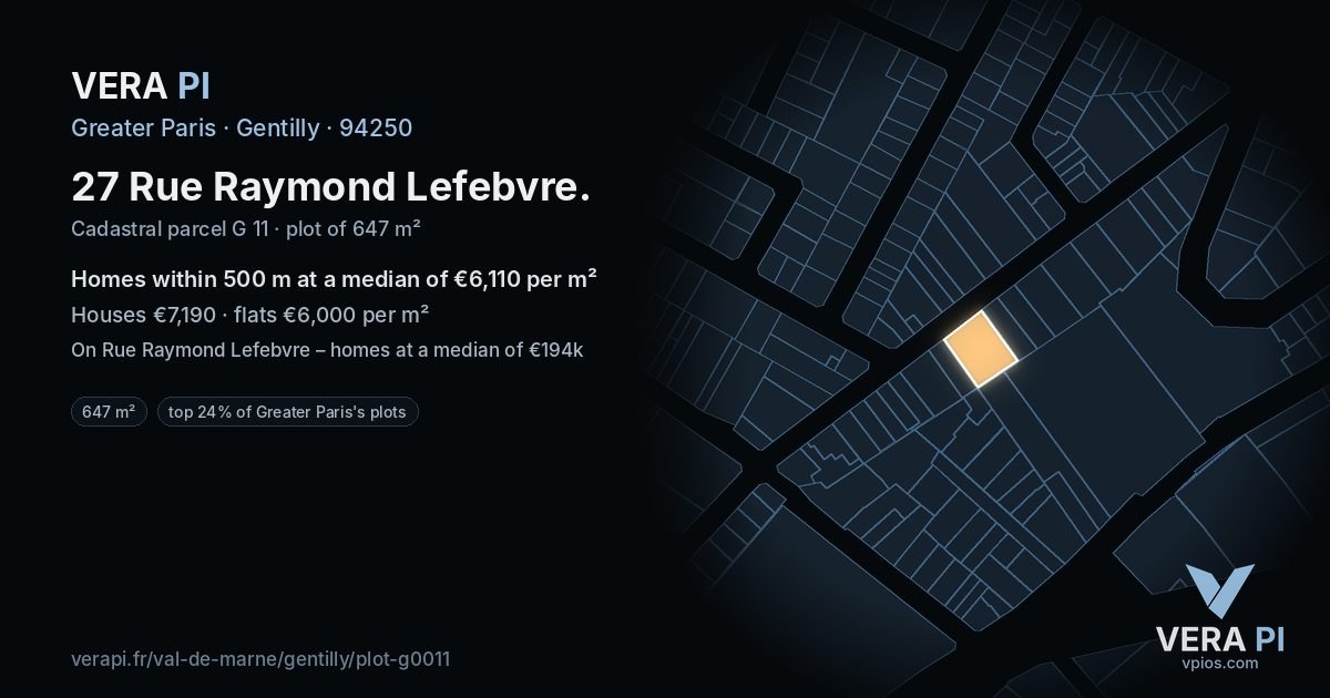 27 Rue Raymond Lefebvre, Gentilly at night – the plot lit, the parcels around coloured by the prices near them