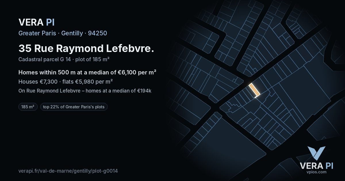 35 Rue Raymond Lefebvre, Gentilly at night – the plot lit, the parcels around coloured by the prices near them