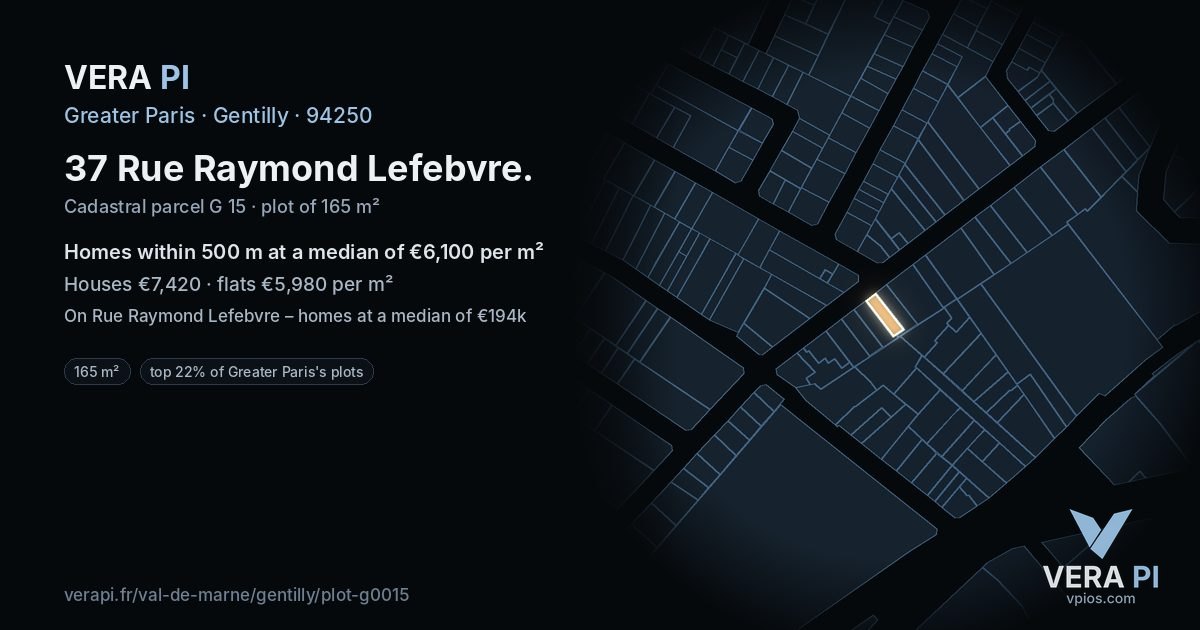 37 Rue Raymond Lefebvre, Gentilly at night – the plot lit, the parcels around coloured by the prices near them