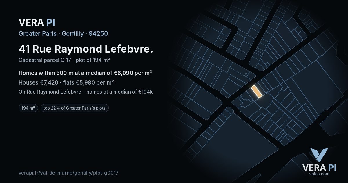 41 Rue Raymond Lefebvre, Gentilly at night – the plot lit, the parcels around coloured by the prices near them