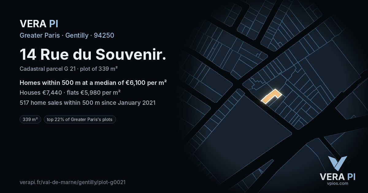 14 Rue du Souvenir, Gentilly at night – the plot lit, the parcels around coloured by the prices near them