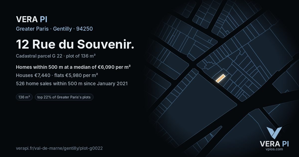 12 Rue du Souvenir, Gentilly at night – the plot lit, the parcels around coloured by the prices near them