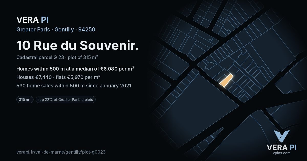 10 Rue du Souvenir, Gentilly at night – the plot lit, the parcels around coloured by the prices near them