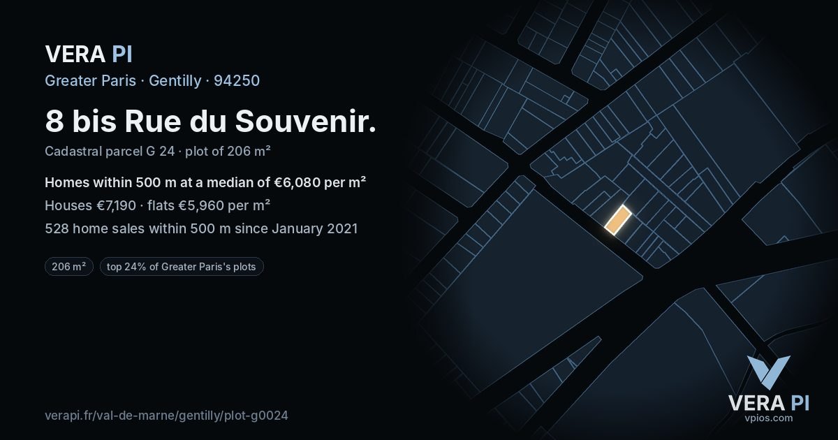 8 bis Rue du Souvenir, Gentilly at night – the plot lit, the parcels around coloured by the prices near them