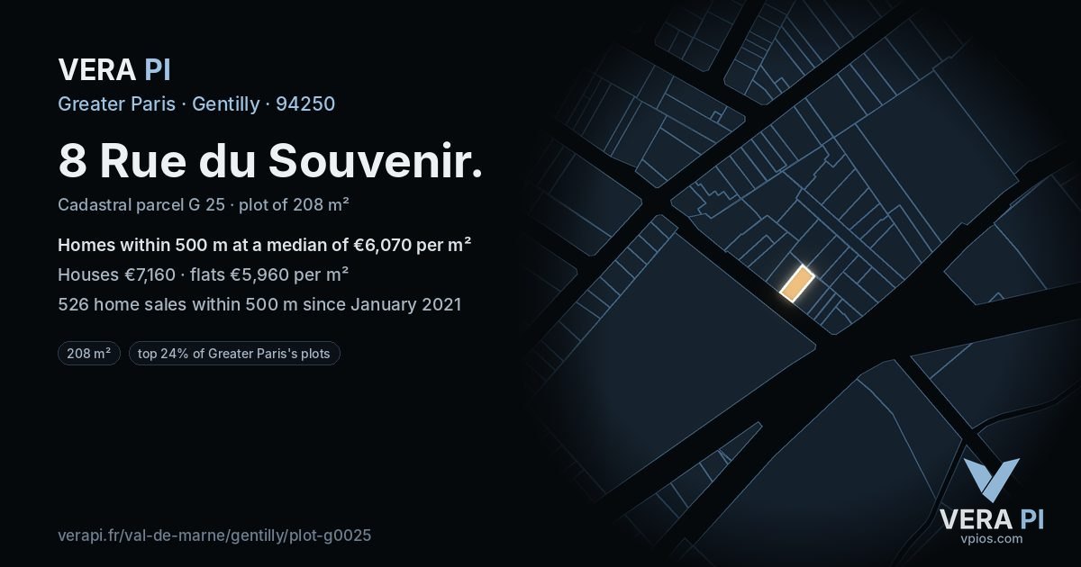 8 Rue du Souvenir, Gentilly at night – the plot lit, the parcels around coloured by the prices near them
