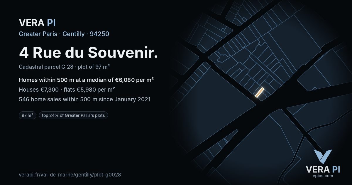 4 Rue du Souvenir, Gentilly at night – the plot lit, the parcels around coloured by the prices near them