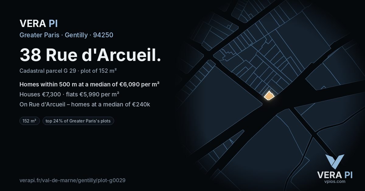 38 Rue d'Arcueil, Gentilly at night – the plot lit, the parcels around coloured by the prices near them