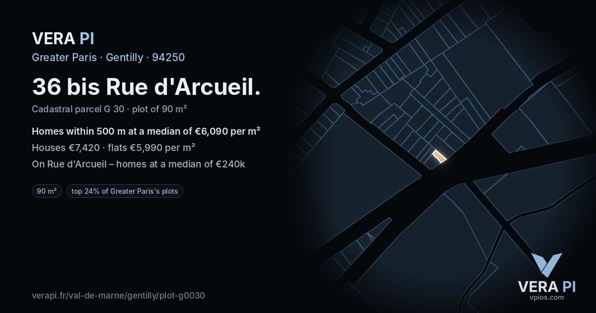 36 bis Rue d'Arcueil, Gentilly at night – the plot lit, the parcels around coloured by the prices near them