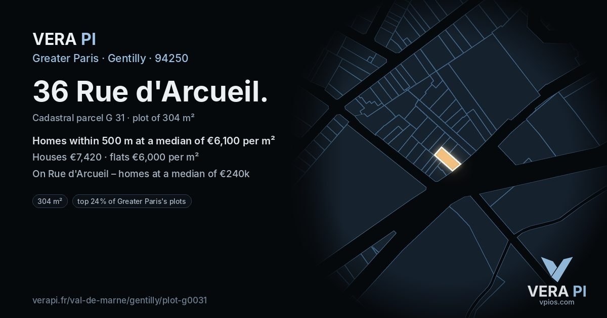 36 Rue d'Arcueil, Gentilly at night – the plot lit, the parcels around coloured by the prices near them