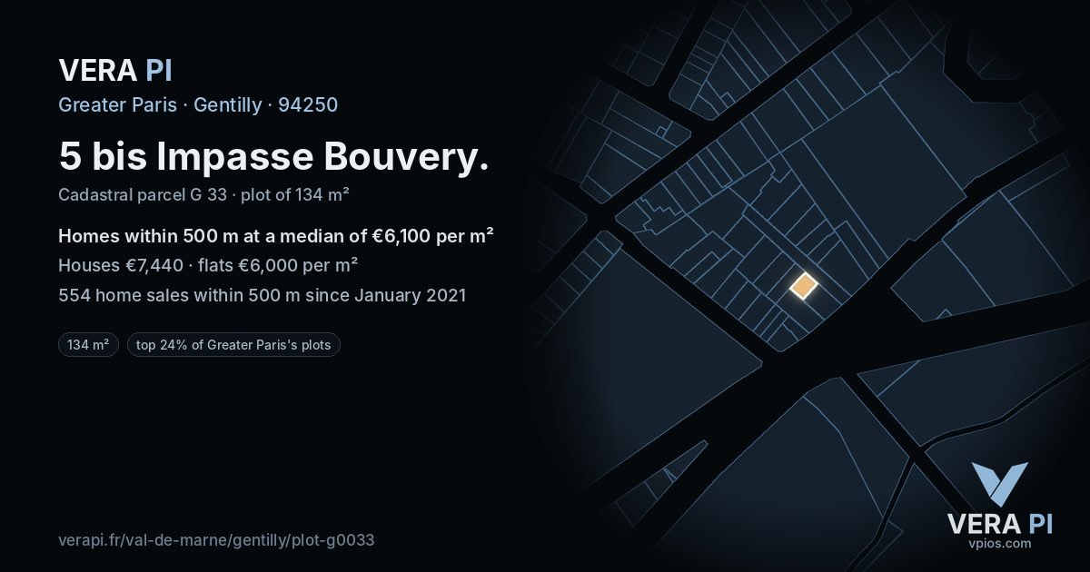 5 bis Impasse Bouvery, Gentilly at night – the plot lit, the parcels around coloured by the prices near them