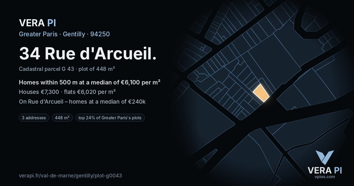34 Rue d'Arcueil, Gentilly at night – the plot lit, the parcels around coloured by the prices near them