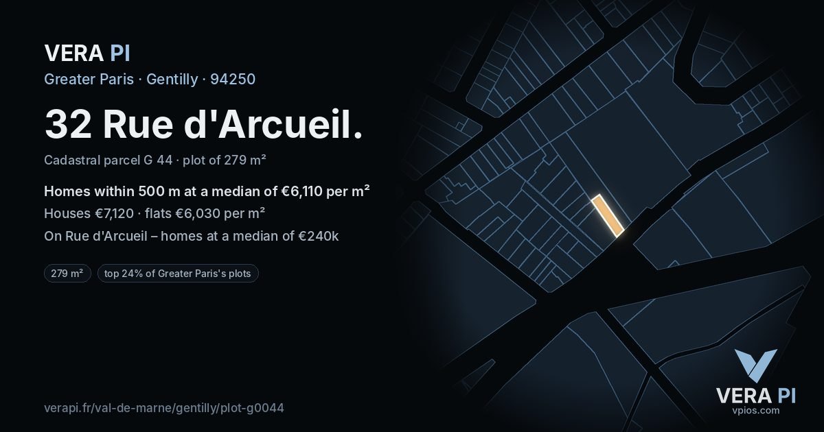 32 Rue d'Arcueil, Gentilly at night – the plot lit, the parcels around coloured by the prices near them