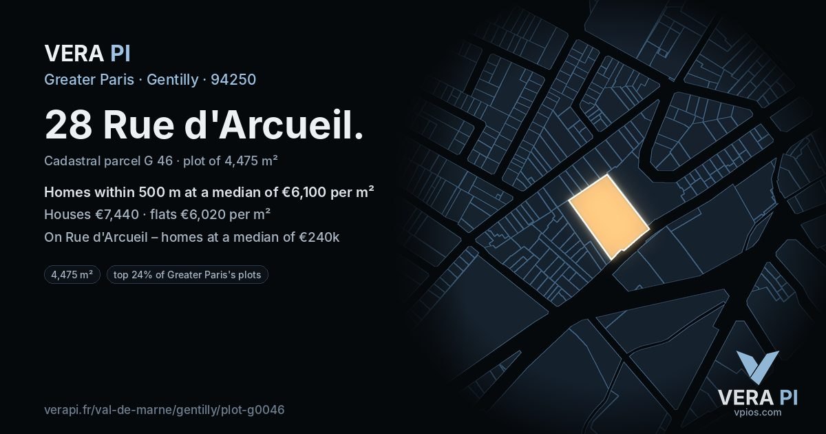 28 Rue d'Arcueil, Gentilly at night – the plot lit, the parcels around coloured by the prices near them