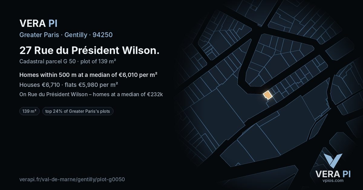 27 Rue du Président Wilson, Gentilly at night – the plot lit, the parcels around coloured by the prices near them